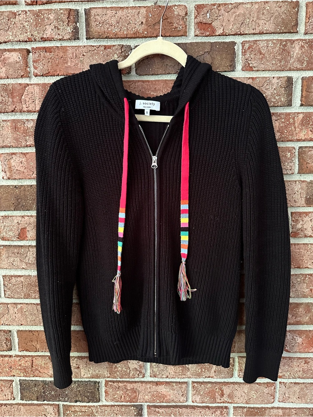 J. Society Size S Black Zip-Up Hoodie Sweater with Multicolor Accent Drawstrings
